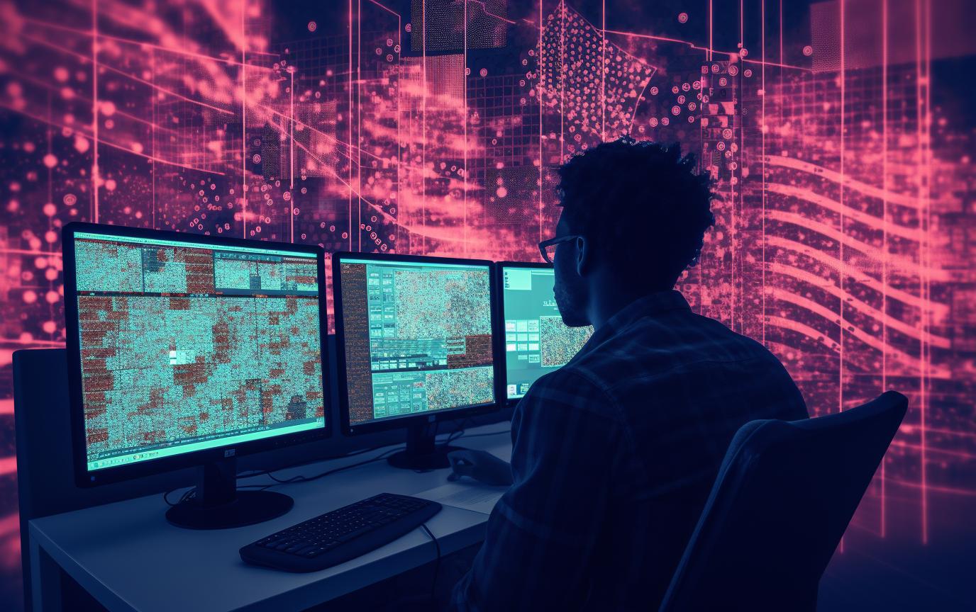 young American male using three monitors to explore data science for voting equity