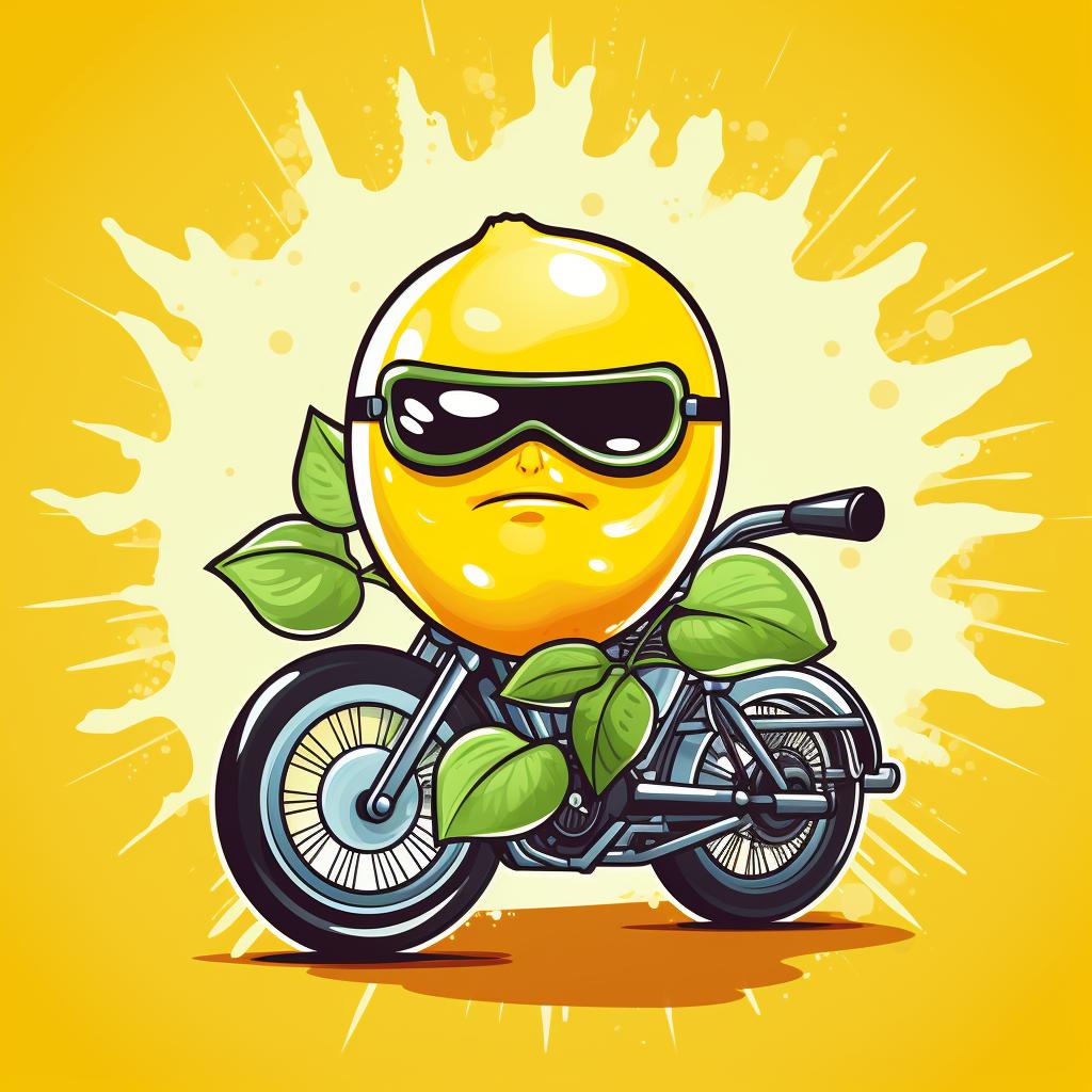 cartoon mascot of tough lemon riding a motorcycle